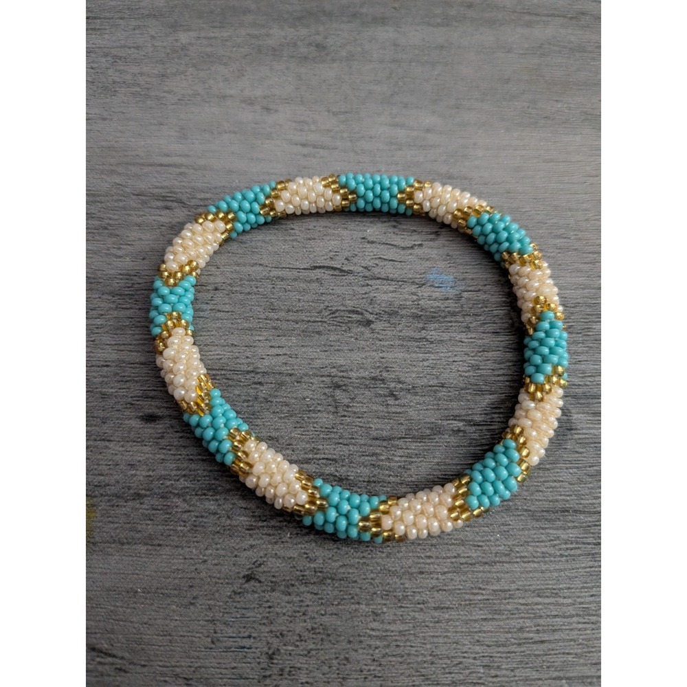Handmade Seed Bead Roll On Bracelet Turquoise Cream Gold Boho Bangle